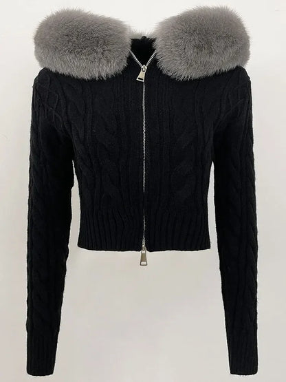 Fashion Natural Fox Fur Collar with Knitted Sweater Women Casual Sweater 2025 New Spring Autumn Slim Fit Elastic Oversized Coat