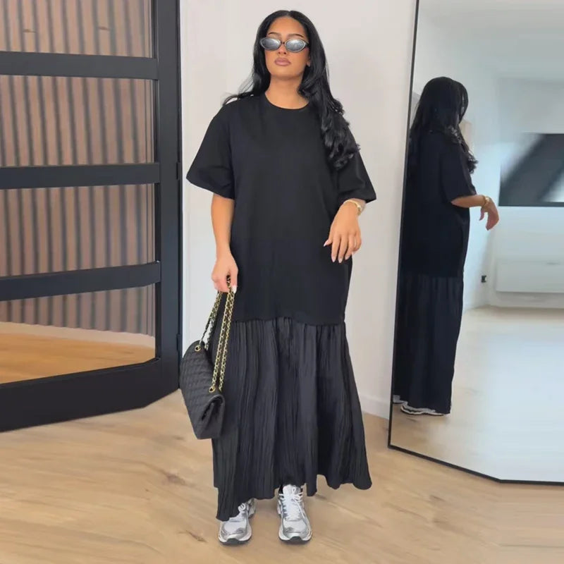 2026 Summer New Loose Patchwork Dresses Women's Pleated Fashion Short Sleeve O-neck Long Robes Female Elegant Casual Dress