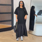 2026 Summer New Loose Patchwork Dresses Women's Pleated Fashion Short Sleeve O-neck Long Robes Female Elegant Casual Dress