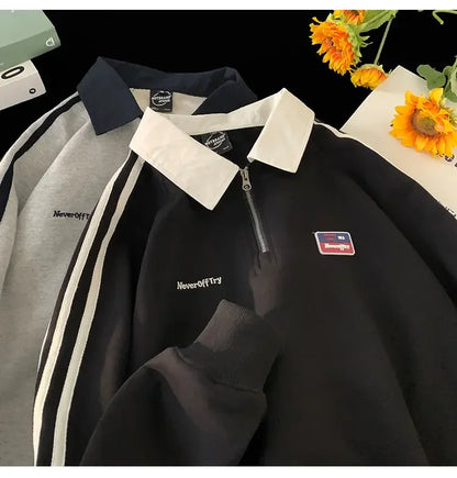 American Style Autumn Winter Oversize Sweatshirts Men Lapel Letter Zipper Printing Label Fashion Trend Long Sleeve Loose Hoodies