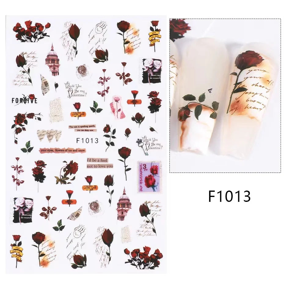 Black and White Love Flowers Line Art 3D Stickers Nail Decals Nail Art Accessories Butterfly Rose Nail Stickers Nail Sliders