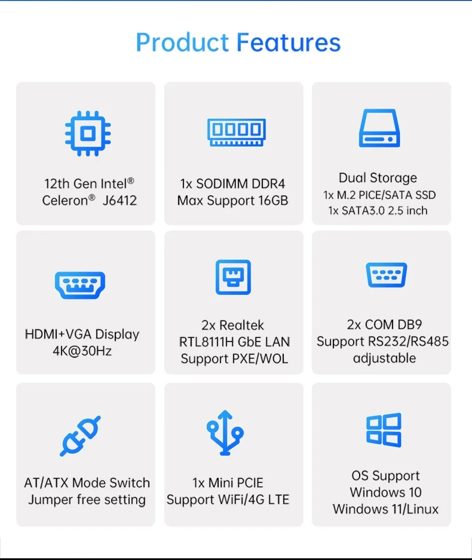 BEBEPC Fanless Industrial Mini PC with Intel Celeron J6412 J1900 Support Linux Computer with 2xRS232/485 2xGbE LAN Win10 Ready