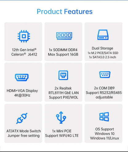 BEBEPC Fanless Industrial Mini PC with Intel Celeron J6412 J1900 Support Linux Computer with 2xRS232/485 2xGbE LAN Win10 Ready