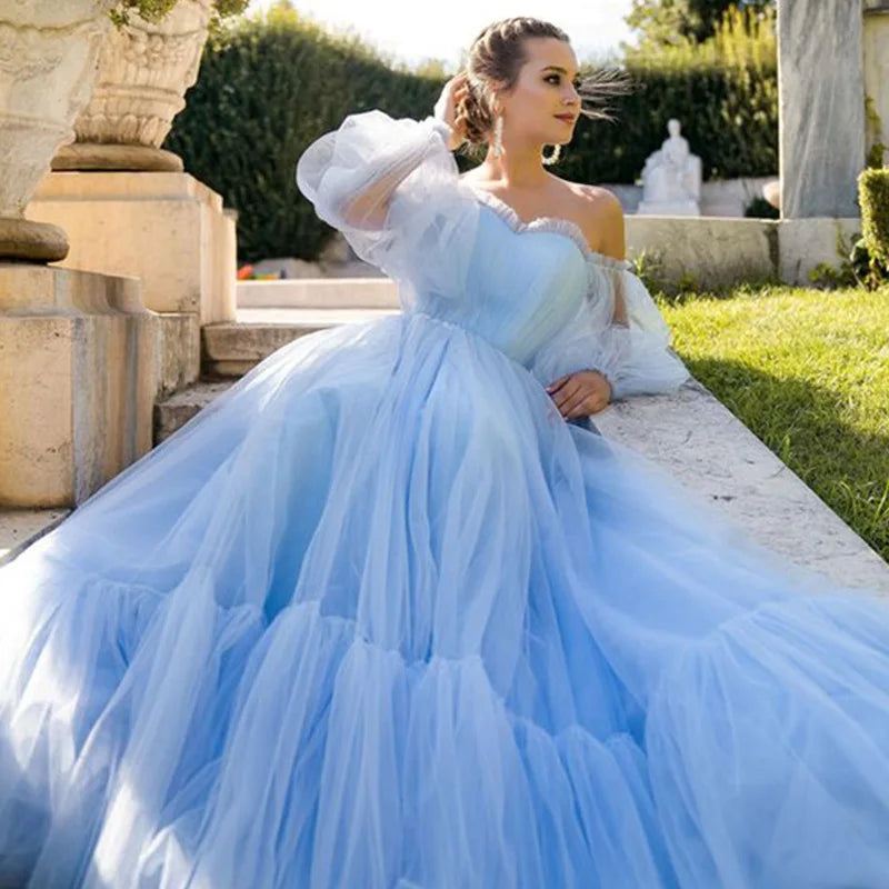 Sexy Deep V-neck Tulle Maternity Dresses Lace Hollow Horn Long-sleeved Feather Trailing Dress Photo Photography Props Vestidos