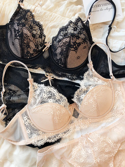 New Women Lingerie Set Sexy Lace Push Up Bra French 3/4 Thin Cup Bralette Cute Bow Decoration Underwear Comfort Bras Briefs Sets