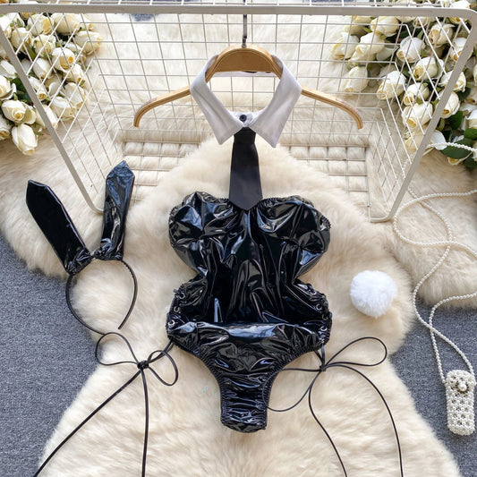 PU Leather Rabbit Girl Strapless Strapping Slim Jumpsuit Set Exotic Pornographic Lingerie Party Cosplay Bodysuit Lace-up Sexy