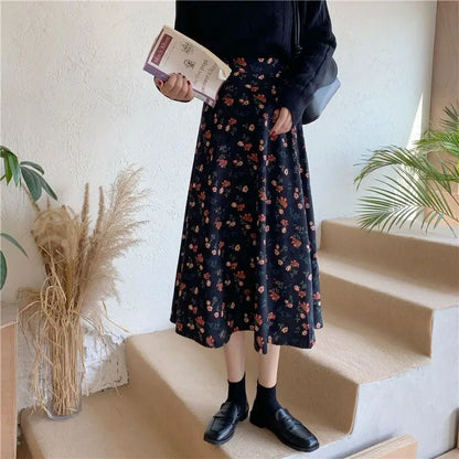Women Floral Corduroy Midi Skirt High Waist A Line Printed Swing Long Skirt For Spring Autumn