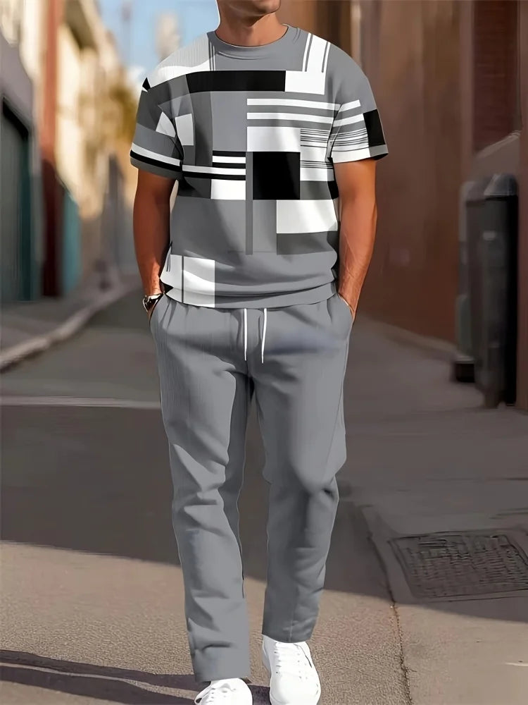 3D Navy Anchor Pattern Men's Set Summer Crew Neck Short Sleeve Shirt With Casual Trousers Two-Piece Set Casual Men's Set