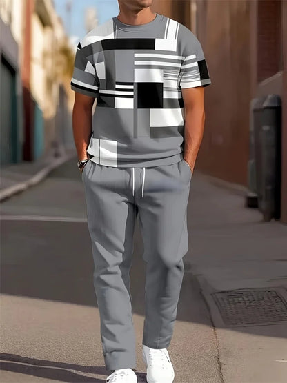 3D Navy Anchor Pattern Men's Set Summer Crew Neck Short Sleeve Shirt With Casual Trousers Two-Piece Set Casual Men's Set