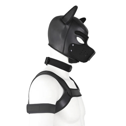 Large Size Puppy Cosplay Neoprene Fetish Hood Mask Kit with Chest Strap Collar Armband Sex Costumes for Bdsm Slave Role Play