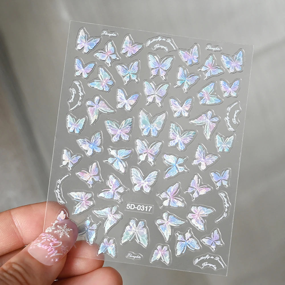 5D Hibiscus Flower Nail Embossed Sticker Acrylic Pink White Gold Petal Leaf Adhesive Decal Butterfly Dragon Floral Elegant Decor