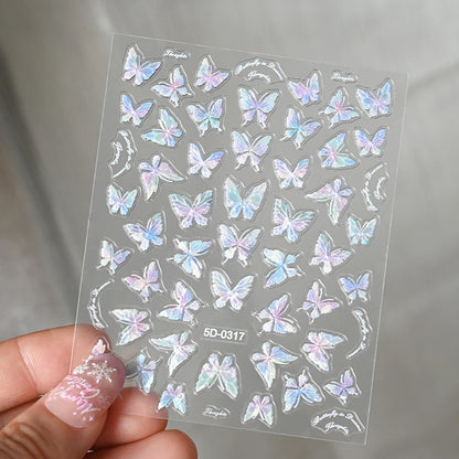 5D Hibiscus Flower Nail Embossed Sticker Acrylic Pink White Gold Petal Leaf Adhesive Decal Butterfly Dragon Floral Elegant Decor