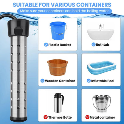 Immersion Water Heater, 1500W Portable Bucket Heater with 304 Stainless Steel Guard, Heats Electric Water Heater Us Plug