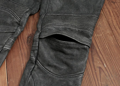 Men's Vintage Gray Black Motorcycle Style Trousers Genuine Thick Cowhide Biker's Pants Real Natural Leather Skinny Pants 4XL