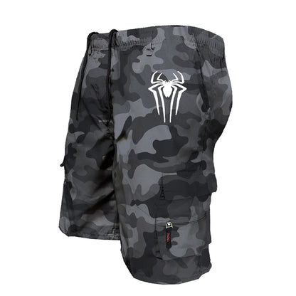 Men's Spider Print Cargo Shorts Male Outdoor Overalls Elastic Waist Cycling Shorts Multi-pockets Loose Work Beach Sports Shorts
