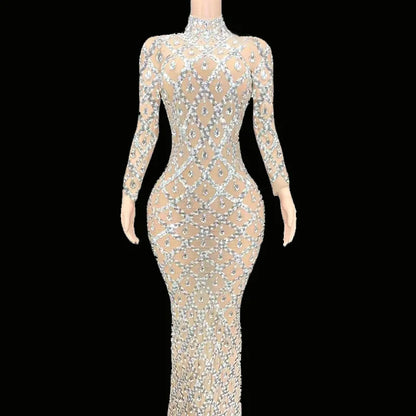 Sparkly Silver Big Rhinestone Transparent Long Dress Evening Birthday Celebrate Luxurious Costume Dancer Flashing Dress