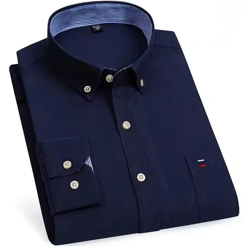 Men's Versatile Casual Checkered Oxford Cotton Shirts Single Pocket Long Sleeve Standard-fit Button Down Gingham Striped 7XL 6XL