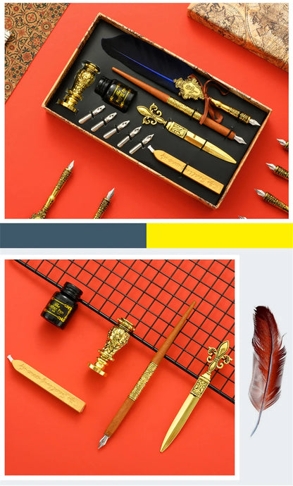 Sprinkling Gold Vintage Feather Pen Set Luxury Fountain Pen Ink Bottle Calligraphy Writing Dip Pen Nib Quill Birthday Gift Box