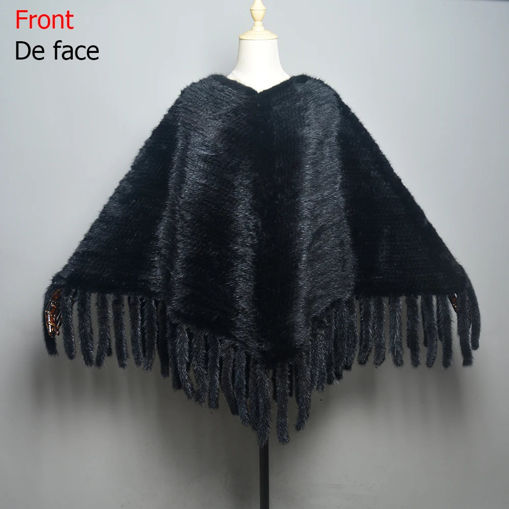 Fashion Women Fur Shawl Winter Knitted Real Mink Fur Stole With Fur Hood Knitted Mink Poncho Pashmina