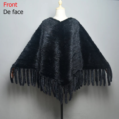 Fashion Women Fur Shawl Winter Knitted Real Mink Fur Stole With Fur Hood Knitted Mink Poncho Pashmina