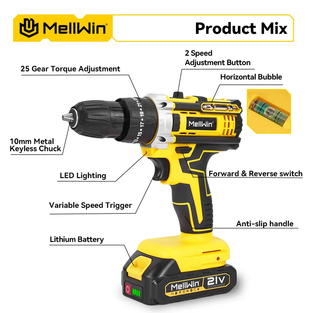 MELLWIN 25+3 Torque Electric Impact Drill 2 Speed Adjustable Cordless Electric Screwdriver Power Tool For Makita 18V Battery Pin
