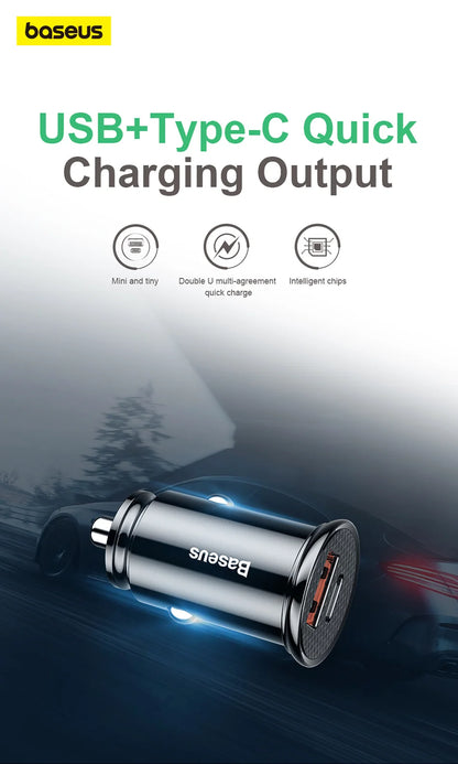 Baseus 30W Car Fast Charger Quick Charge 4.0 3.0 USB Type-C Fast Charging Car Phone Charger For Huawei Xiaomi iPhone 15 14 13 12