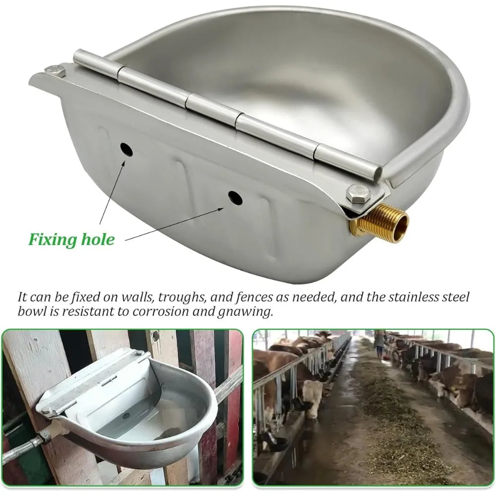 Silver Stainless Steel Automatic Livestock Water Bowl with Brass Float Valve, Durable Water Level Control Drinking Bowl for Horses, Cattle, Sheep, Goats, Alpacas, and Dogs in Farm and Stable Use