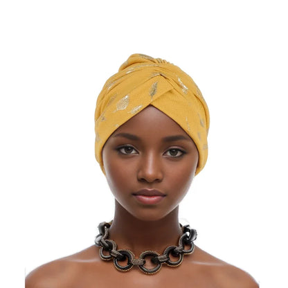 Feather Gold Stamping Fabric Turban Cap for Women African Wrap Head Bonnet Muslim Under Scarf Hat Turbante Mujer