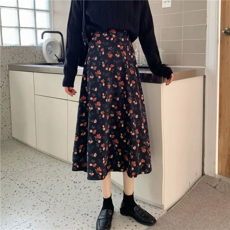 Women Floral Corduroy Midi Skirt High Waist A Line Printed Swing Long Skirt For Spring Autumn