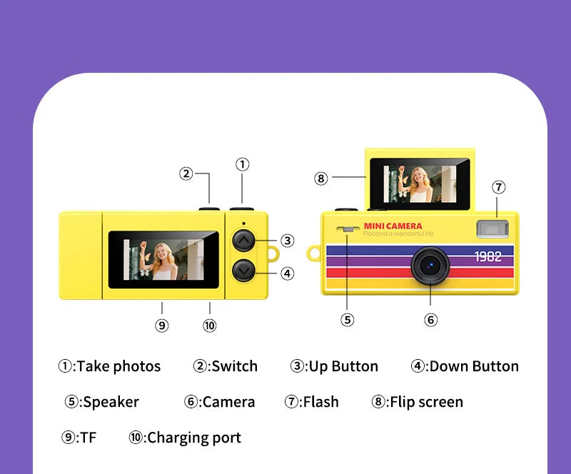Ourlife Digital Camera 180° Flip Screen Selfile Keychain Camera Retro Support Memory Card HD Very Small Camcorder Video Recorder