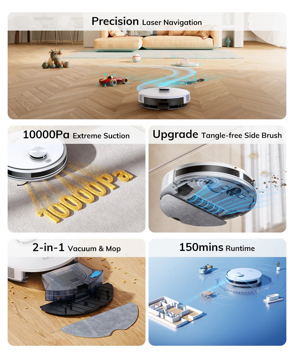 ILIFE V30 Robot Vacuum Cleaner, Laser Navigation, 10000Pa Suction, Up to 150min Runtime, APP Control, Customizable Cleaning, 2-in-1 Vacuum & Mop, No-Go Zones, Multi-Floor Mapping, Support Voice Assistance