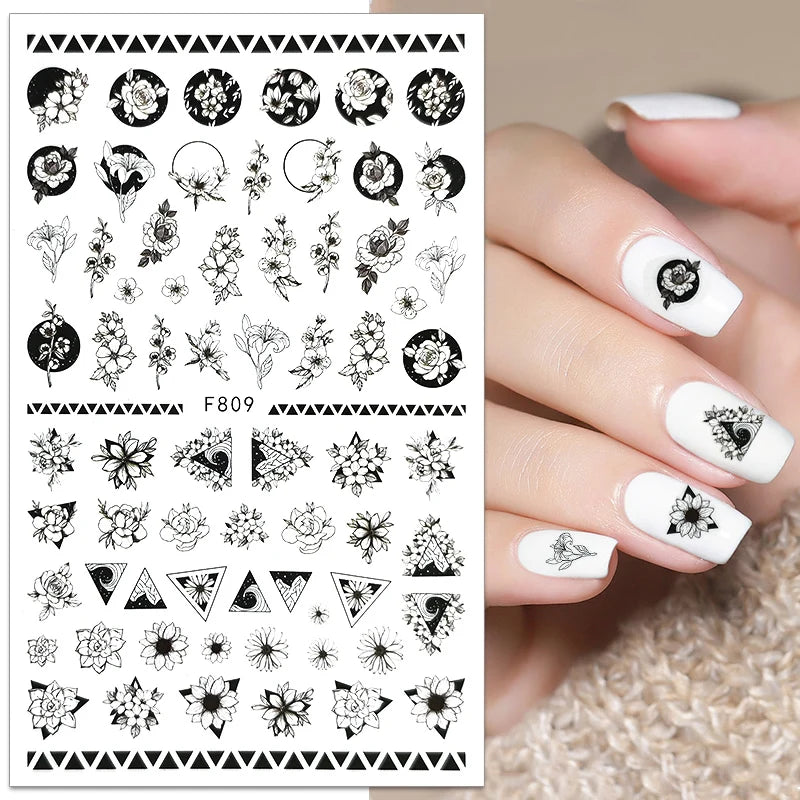 Black and White Love Flowers Line Art 3D Stickers Nail Decals Nail Art Accessories Butterfly Rose Nail Stickers Nail Sliders