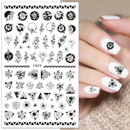 Black and White Love Flowers Line Art 3D Stickers Nail Decals Nail Art Accessories Butterfly Rose Nail Stickers Nail Sliders