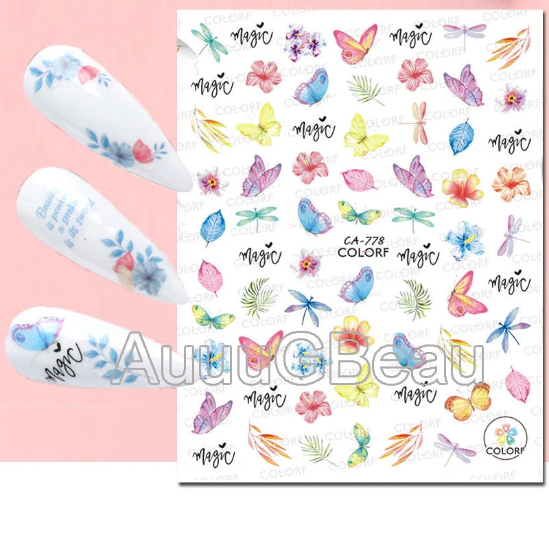 3d Nails Art Decals Spring Fruits Pink Full Tips Peony Magnolia Flowers Adhesive Sliders Stickers Decoration For Nails Manicure