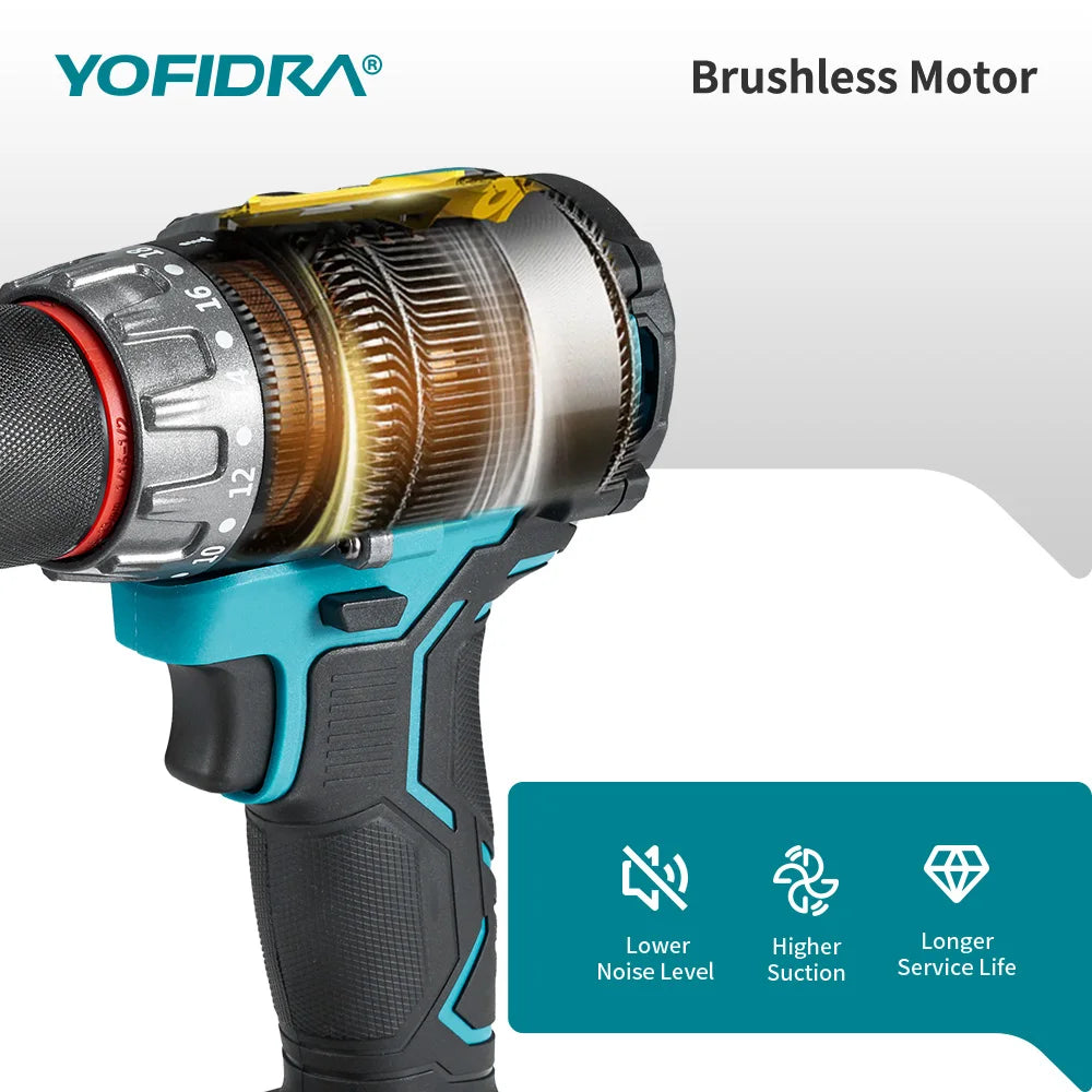 YOFIDRA 700N.M Brushless Electric Impact Drill Cordless Screwdriver Plates Soil WoodWorking Power Tool For Makita Battery Pin