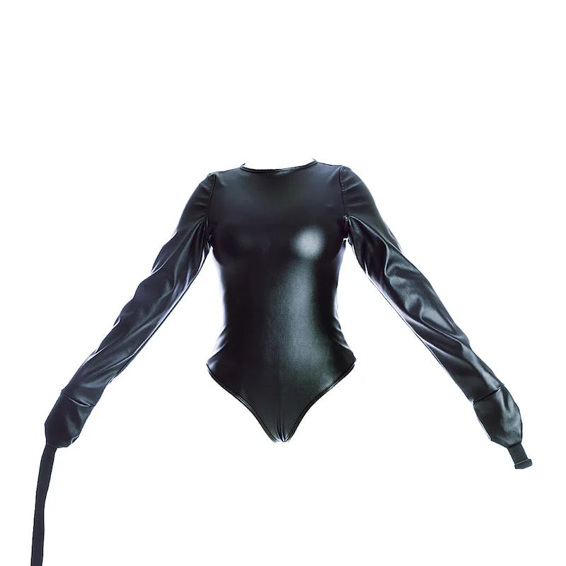Leather Long Sleeve Bodysuit Straight Jacket with Crotch Strap,SM Game Bondage Armbinder Harness,Slave Role Costume BDSM Sex toy