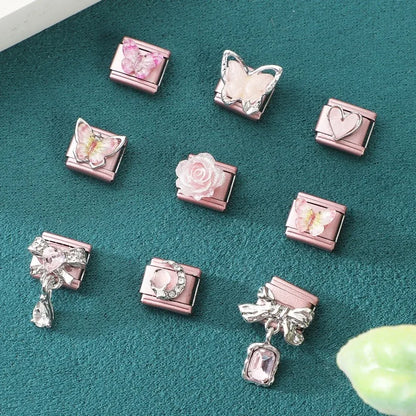 2025 New Women Romantic Pink Cherry Heart Shiny CZ Italian Charm Links Fit 9mm Bracelet Stainless Steel DIY Making Jewelry Gifts
