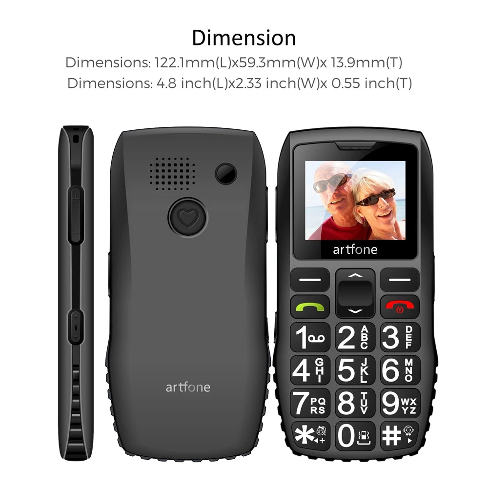 Artfone C1+ Bar Senior Mobile Phone With Free Charging Dock  Big Rubber Keypad  For Elderly Dual Sim One Key SOS FM 1400mAh