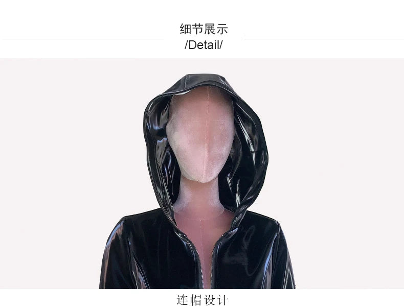 Nerazzurri Spring Fitted Waterproof Shiny Reflective Black Patent Faux Leather Jacket Women with Hood Zipper Red Autumn Clothes