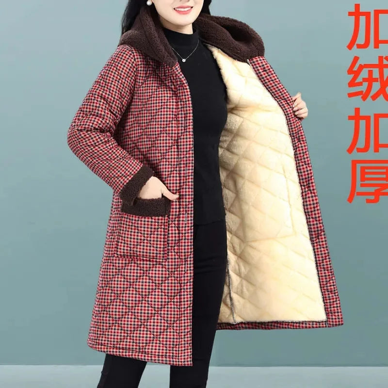Winter Coat New Vintage Velvet And Thickening Single breasted Cotton Coat for Women Fit Cotton Clip Warm Long Parka Plaid Coat