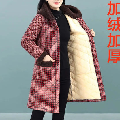 Winter Coat New Vintage Velvet And Thickening Single breasted Cotton Coat for Women Fit Cotton Clip Warm Long Parka Plaid Coat
