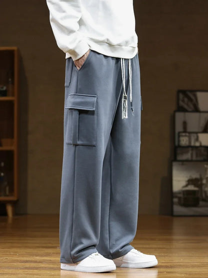 2024 New Sweatpants Men Multi-Pockets Drawstring Cotton Casual Wide Pants Male Loose Straight Trousers Large Size 8XL