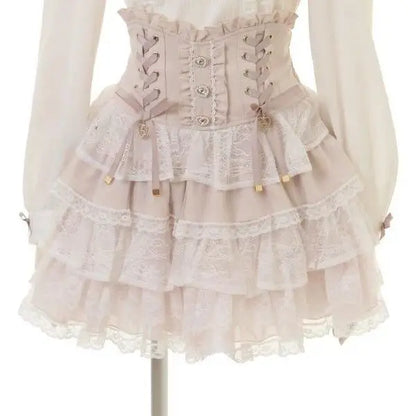Japanese Sweet Lolita Style Mini Skirt Women Retro Elegant Lace Bandage Party Cake Skirts Female Gothic Y2k Metal Buckle Skirts