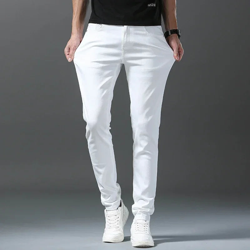 2026 Spring New Men Slim Jeans 98% Cotton White Stretch Straight Casual Fashion Pencil Pants High Quality Trousers Male Clothes