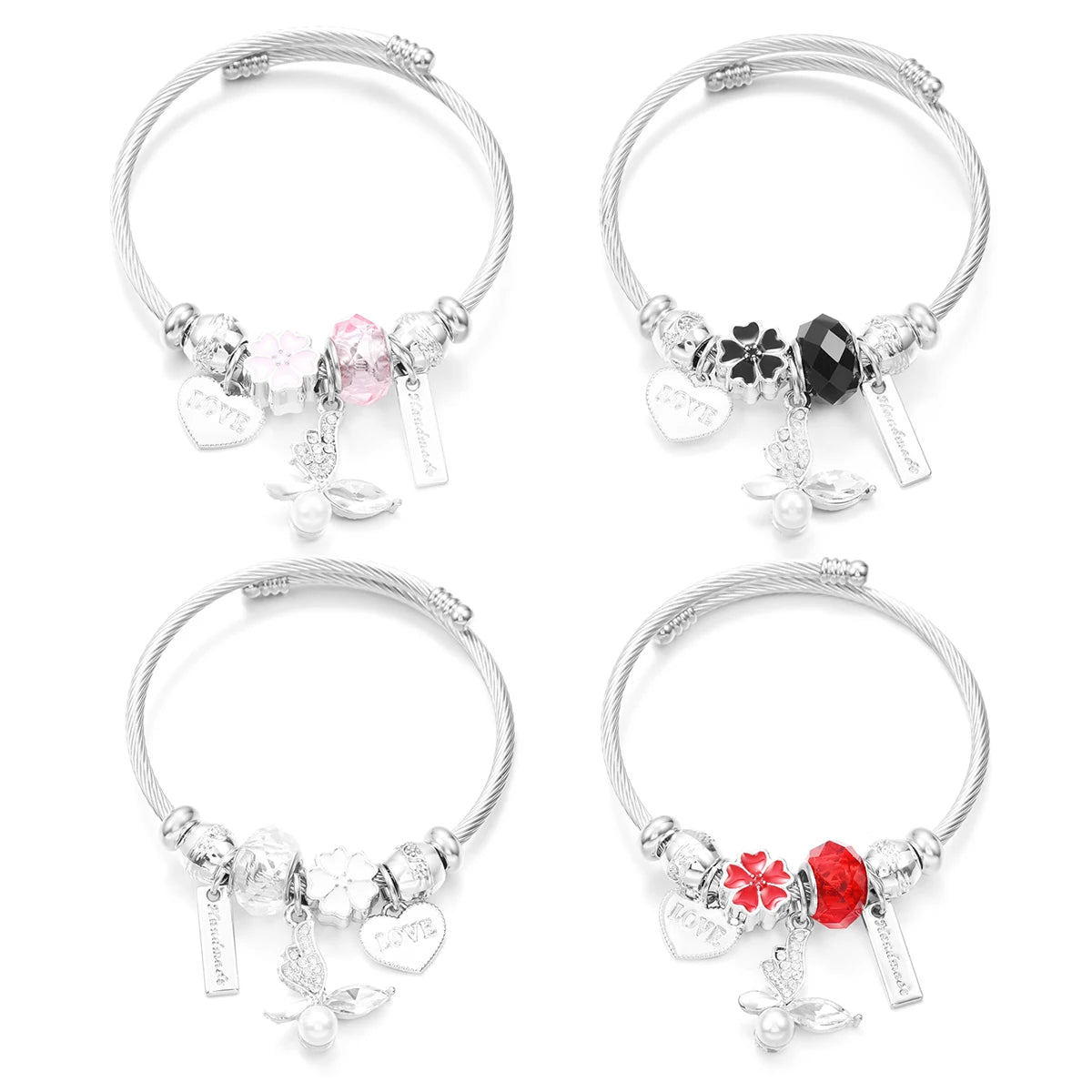 New Trendy Rhinestones Dragonfly Crystal Beaded Pendant Bracelet Stainless Steel 4 Colors Closure Bangles Women Bracelet Jewelry