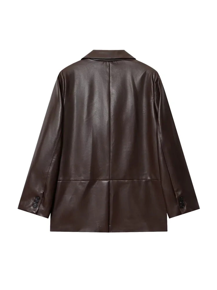 Women's Fashion Faux Leather Blazer Coat Loose Fit Old Money Style Long Sleeve Front Button Chic Outerwear Top