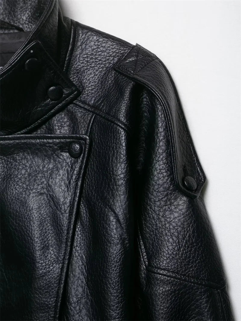 Women's Faux Leather Jacket 2025 New Fashion Autumn Black Long Sleeve Pebble Jacket Motorcycle Style Personality Ladies Jacket