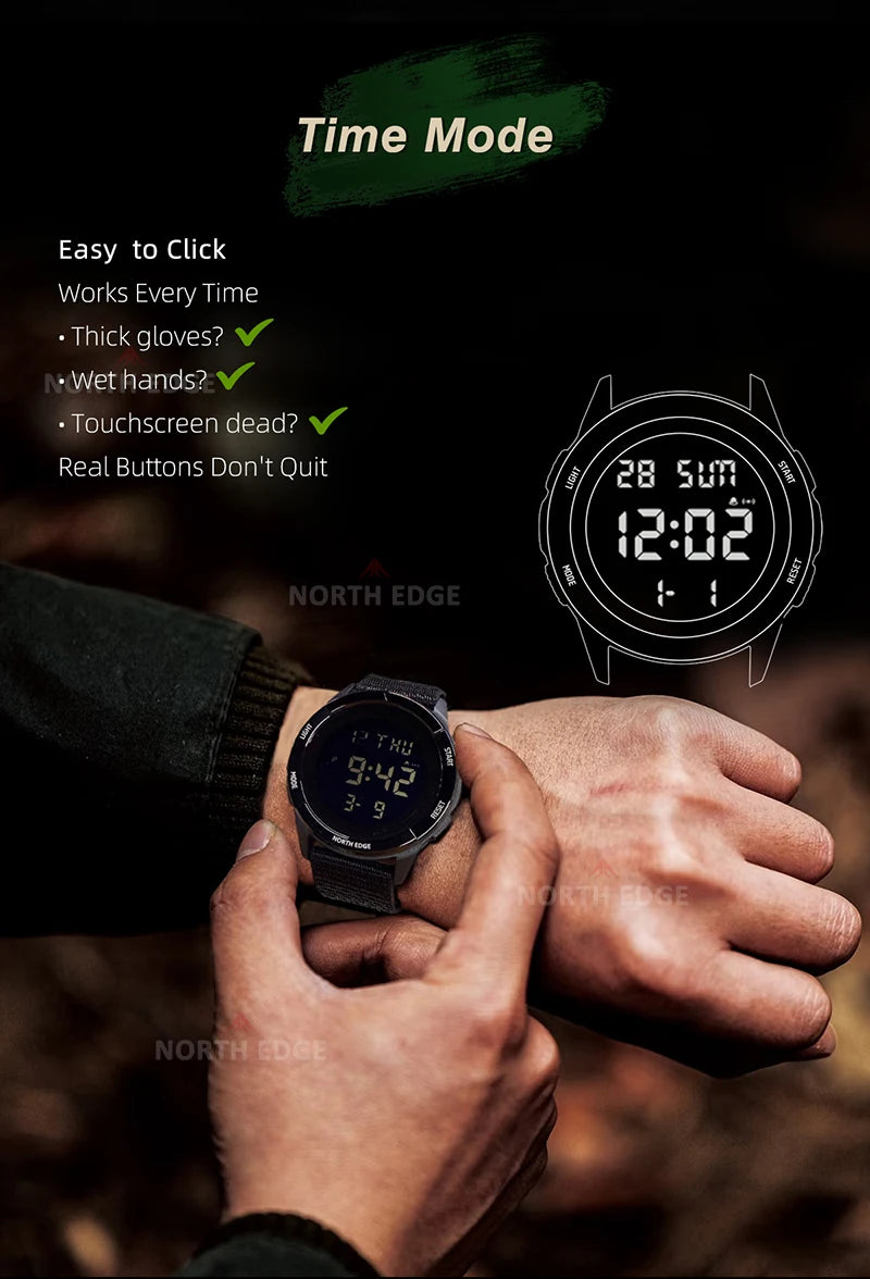 NORTH EDGE 2026 TERRAX Men's Digital Watches Outdoor Sports Swimming Waterproof 50M Stopwatch Countdown Electronic Watch For Men