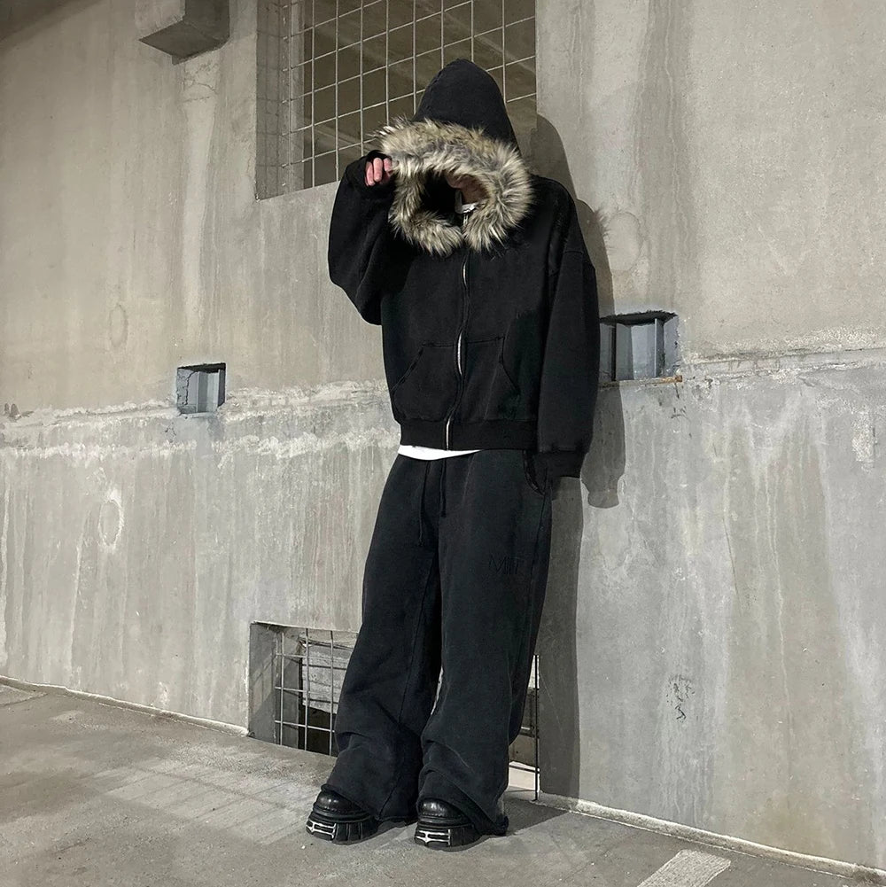 Fluffy Hat Hoodie Solid Color Casual Long Sleeve Hoodie Retro Coat Street Trend Y2K