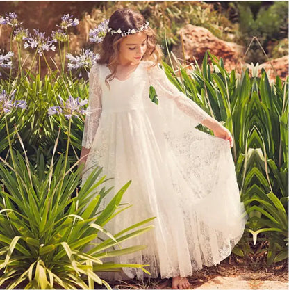 Kids Clothes White Lace Girls Full Sleeve Princess Dress Wedding Fancy Girl Long Dresses Elegant Evening Party Ball Gown 2 to 14